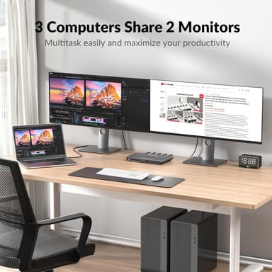 AV Access KVM-switch 3 till 2 USB-C & 2xHDMI för dubbla skärmar, 65W strömförsörjning och Ethernet-port för bärbar dator
