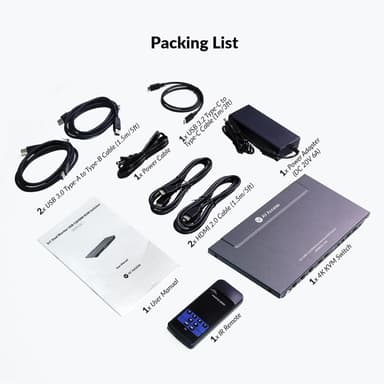 AV Access KVM-switch 3 till 2 USB-C & 2xHDMI för dubbla skärmar, 65W strömförsörjning och Ethernet-port för bärbar dator