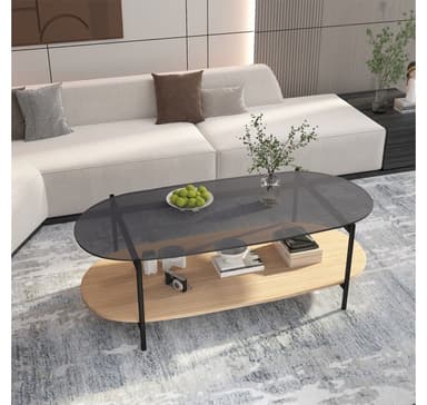 Soffbord CINDY 120x55xH40cm, grått glas/melamin ek