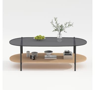 Soffbord CINDY 120x55xH40cm, grått glas/melamin ek