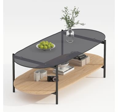 Soffbord CINDY 120x55xH40cm, grått glas/melamin ek