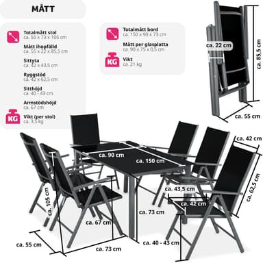 tectake Matgrupp i Aluminium med 6 stolar - antracit