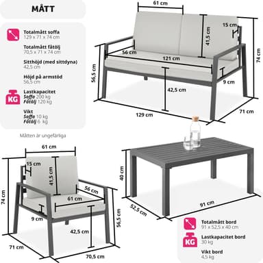 tectake Sittgrupp Göteborg med bord - ljusgrå