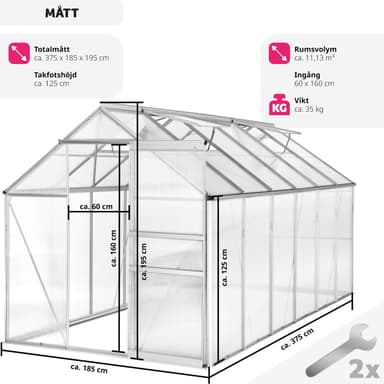 tectake Aluminiumväxthus utan fundament - 375 x 185 x 195 cm