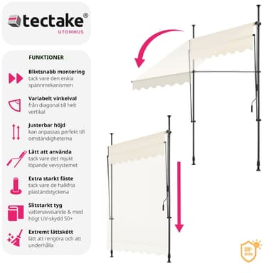 tectake Spännmarkis och soltak med handvev, höjdjusterbar - 150 x 180 cm, beige