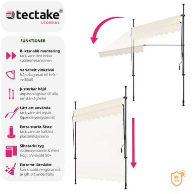 tectake Spännmarkis och soltak med handvev, höjdjusterbar - 200 x 180 cm, beige