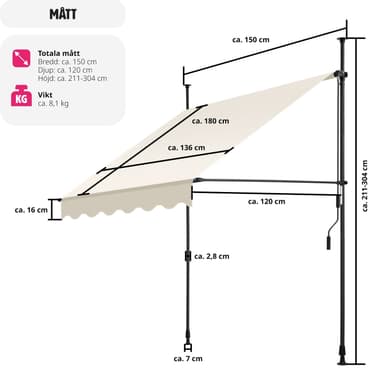 tectake Spännmarkis och soltak med handvev, höjdjusterbar - 150 x 180 cm, beige
