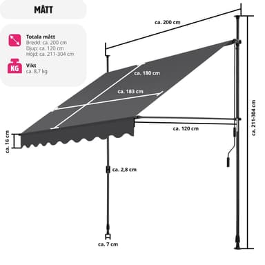 tectake Spännmarkis och soltak med handvev, höjdjusterbar - 200 x 180 cm, svart/grå