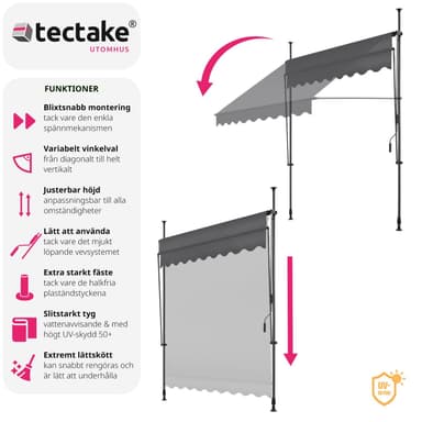 tectake Spännmarkis och soltak med handvev, höjdjusterbar - 200 x 180 cm, svart/grå