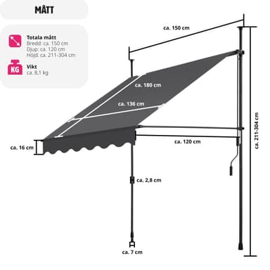 tectake Spännmarkis och soltak med handvev, höjdjusterbar - 150 x 180 cm, svart/grå