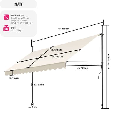 tectake Spännmarkis och soltak med handvev, höjdjusterbar - 400 x 180 cm, beige