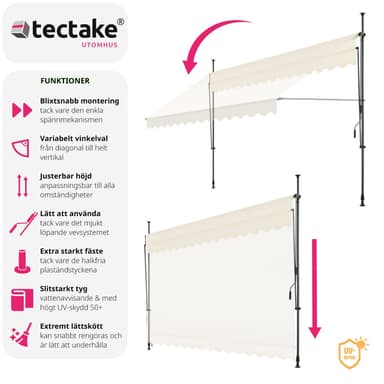 tectake Spännmarkis och soltak med handvev, höjdjusterbar - 400 x 180 cm, beige