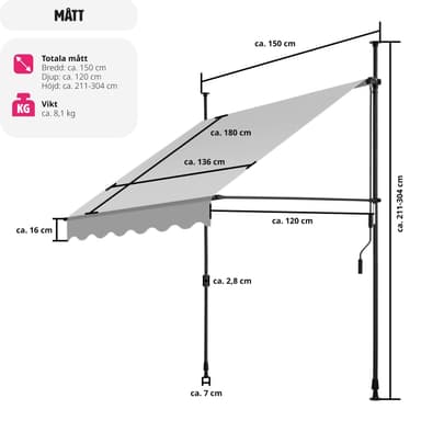 tectake Spännmarkis och soltak med handvev, höjdjusterbar - 150 x 180 cm, ljusgrå