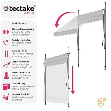 tectake Spännmarkis och soltak med handvev, höjdjusterbar - 150 x 180 cm, ljusgrå