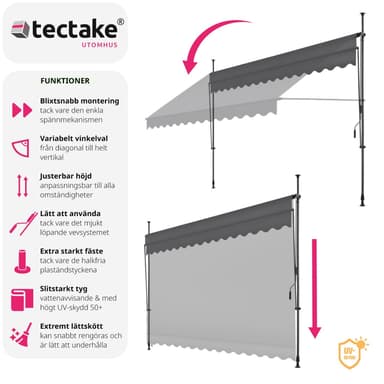 tectake Spännmarkis och soltak med handvev, höjdjusterbar - 400 x 180 cm, svart/grå