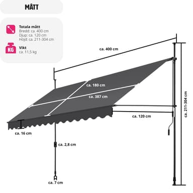 tectake Spännmarkis och soltak med handvev, höjdjusterbar - 400 x 180 cm, svart/grå