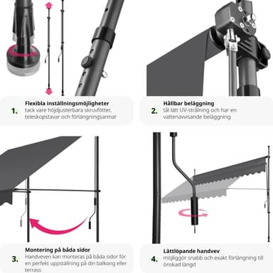 tectake Spännmarkis och soltak med handvev, höjdjusterbar - 400 x 180 cm, svart/grå
