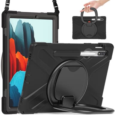 SKALO Samsung Tab S9/S9 FE Extra Stöttåligt Armor Ring Skal med Axelrem - Svart