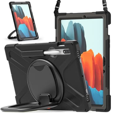 SKALO Samsung Tab S9/S9 FE Extra Stöttåligt Armor Ring Skal med Axelrem - Svart