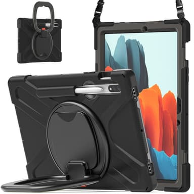 SKALO Samsung Tab S9/S9 FE Extra Stöttåligt Armor Ring Skal med Axelrem - Svart