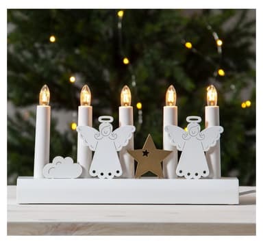 Ljusstake JULIA 5-LED 28xH15cm, änglar, trä, vit