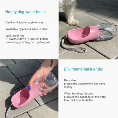 Bärbar vattenflaska i plast för hundar 350 ml (Rosa)