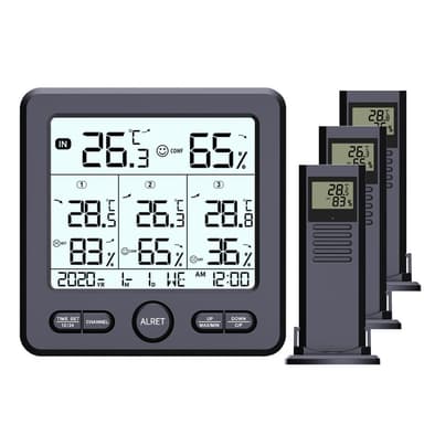 Digital termometer / hygrometer med 3 fjärrsensorer Svart