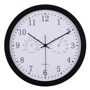 Tyst väggklocka med termometer och hygrometer, 30 cm diameter Svart