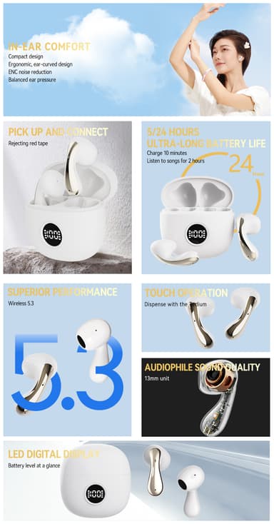 Trådlösa in-ear hörlurar med Bluetooth 5.3, brusreducering och laddfod