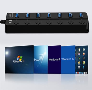 USB 3.0-hub 5 Gbps 7-portars med individuella av/på-knappar