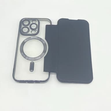 Trådlöst magnetiskt läderfodral för mobiltelefon. Svart iPhone 15 Pro