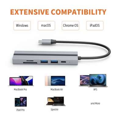 6-i-1 USB-C hubb med 4K HDMI, USB 3.0/2.0-portar, SD/TF-kortläsare
