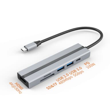 6-i-1 USB-C hubb med 4K HDMI, USB 3.0/2.0-portar, SD/TF-kortläsare