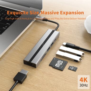6-i-1 USB-C hubb med 4K HDMI, USB 3.0/2.0-portar, SD/TF-kortläsare