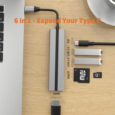 6-i-1 USB-C hubb med 4K HDMI, USB 3.0/2.0-portar, SD/TF-kortläsare