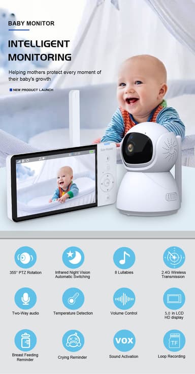 Videomonitor med kamera 2.4G-överföring, babyvakt med 2-vägsljud och m