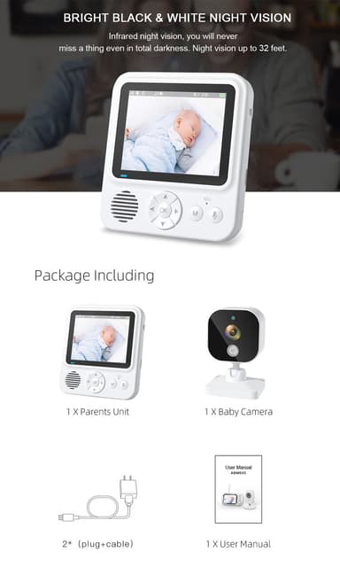 Videomonitor med kamera 2.4G-överföring, babyvakt med 2-vägsljud, infr