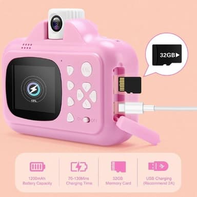 Barnkamera med WIFI och direktutskrift, 32GB minneskort, 1080P video, Rosa