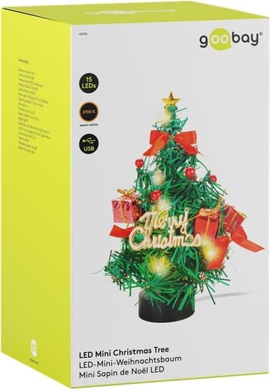 Goobay LED mini julgran med juldekoration, 15 mikro-LED i varmvitt (2700 K) och 75 cm USB-kabel, höjd ca 22 cm