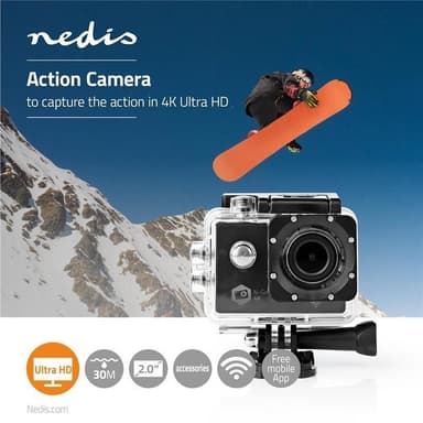 Nedis Action Kamera | Enkel Skärm | 4K@30fps | 16 MPixel | Vattentät upp till: 30.0 m | 90 min | Wi-Fi | App tillgänglig för: Android™ / IOS | Fästen ingår | Svart
