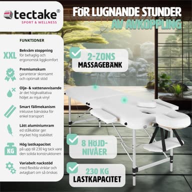 tectake 2-zons massagebänk med stoppning och aluminiumram +bärväska - vit