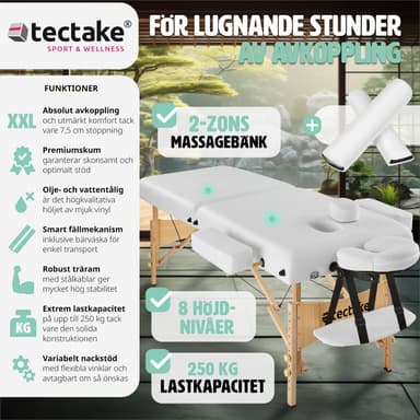 tectake 2-zons massagebänk inkl. kuddar + väska - vit