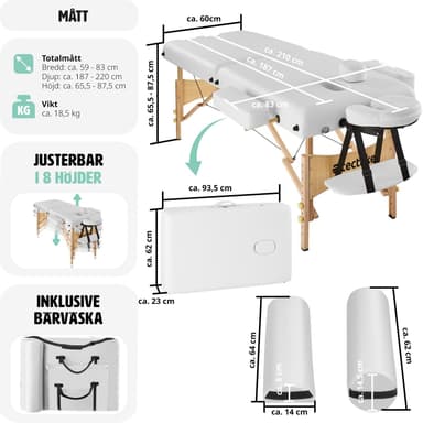 tectake 2-zons massagebänk inkl. kuddar + väska - vit