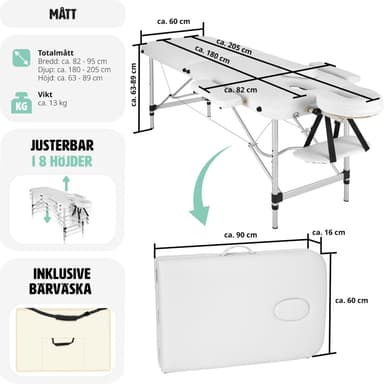 tectake 2-zons massagebänk med stoppning och aluminiumram +bärväska - vit