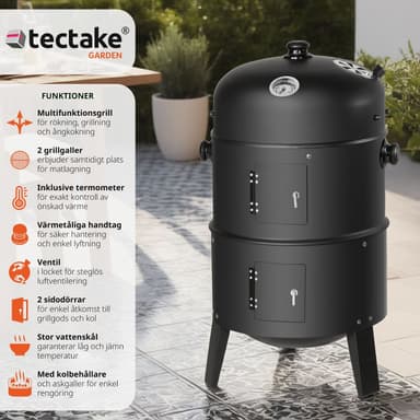 tectake Röktunna, BBQ smoker 3 i 1 - svart