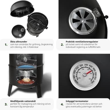 tectake Röktunna, BBQ smoker 3 i 1 - svart