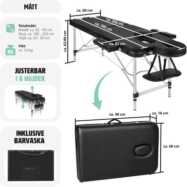 tectake 2-zons massagebänk med stoppning och aluminiumram +bärväska - svart