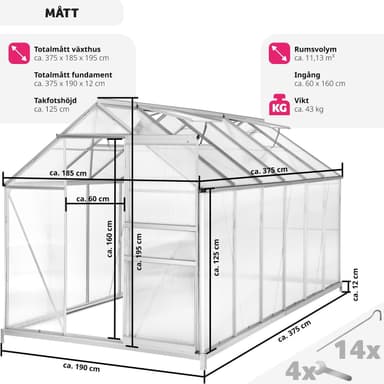 tectake Aluminiumväxthus med fundament - 375 x 185 x 195 cm