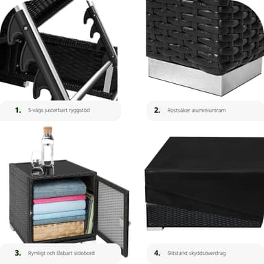 tectake 2 solsängar med bord set i konstrotting aluminium - svart
