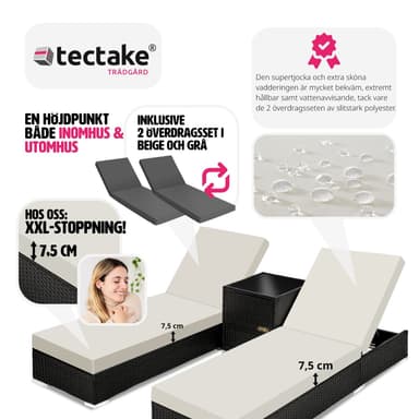 tectake 2 solsängar med bord set i konstrotting aluminium - svart